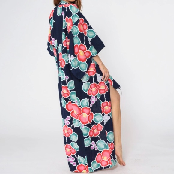 Japanese Floral Kimono Yukata Cotton Long Robe Navy Blue Red Morning Glory - Picture 5 of 11